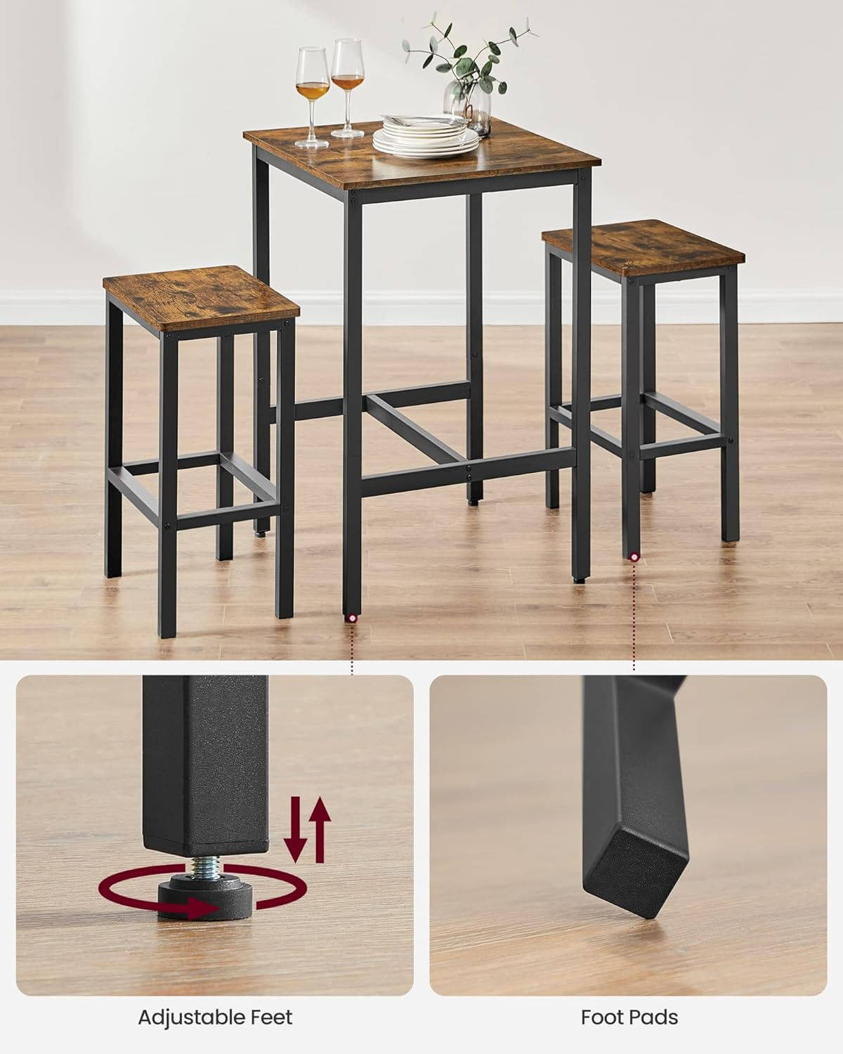 Set masa si scaune de bar, masa 60x60x90cm si 2 scaune 30x40x65cm, stil industrial, maro rustic - imagine 5