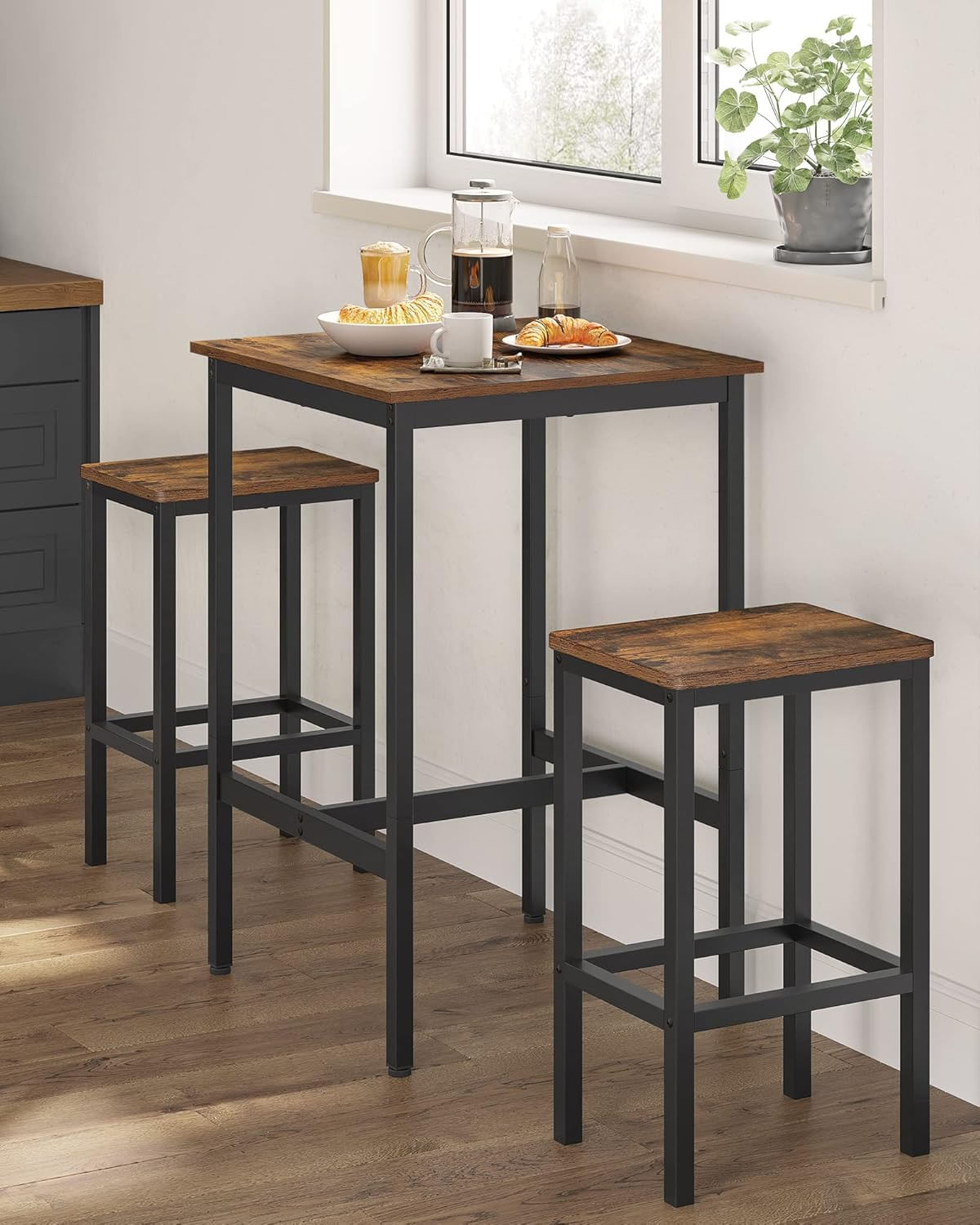 Set masa si scaune de bar, masa 60x60x90cm si 2 scaune 30x40x65cm, stil industrial, maro rustic - imagine 6