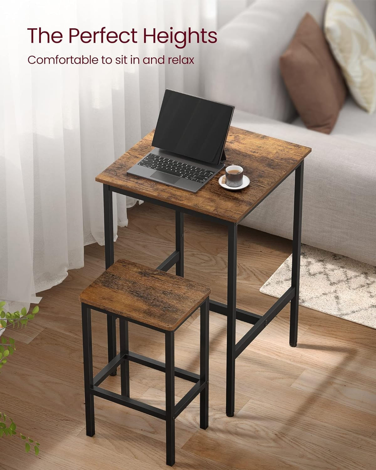 Set masa si scaune de bar, masa 60x60x90cm si 2 scaune 30x40x65cm, stil industrial, maro rustic - imagine 7