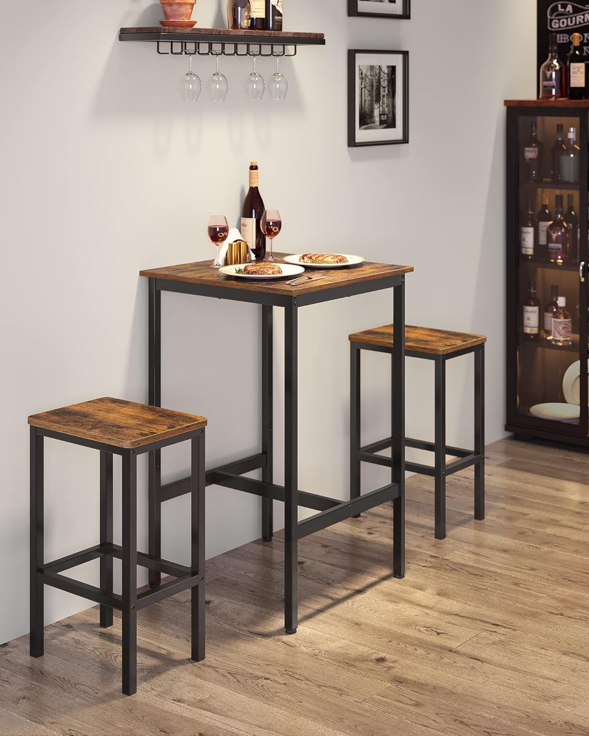 Set masa si scaune de bar, masa 60x60x90cm si 2 scaune 30x40x65cm, stil industrial, maro rustic - imagine 8