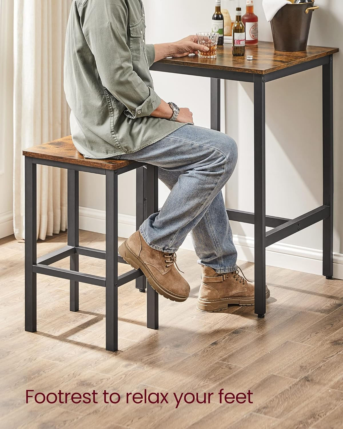 Set masa si scaune de bar, masa 60x60x90cm si 2 scaune 30x40x65cm, stil industrial, maro rustic - imagine 9