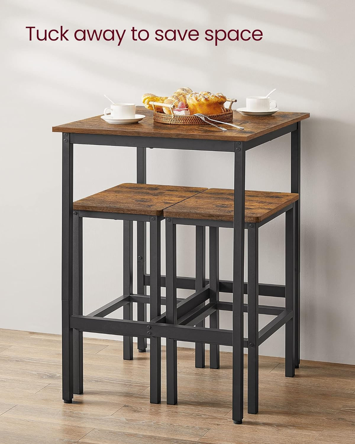 Set masa si scaune de bar, masa 60x60x90cm si 2 scaune 30x40x65cm, stil industrial, maro rustic - imagine 11