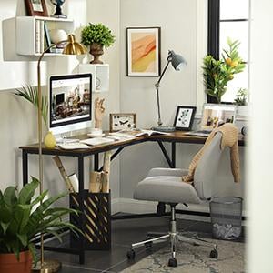 Birou de colt in forma de L, cadru din otel, 149x149x75cm, industrial, maro rustic si negru — imaginea 2