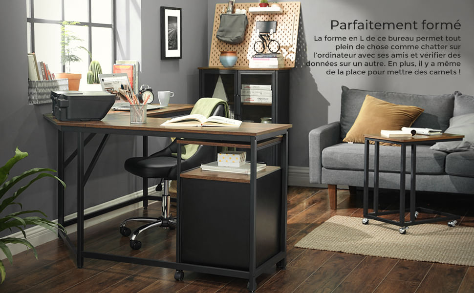 Birou de colt in forma de L, cadru din otel, 149x149x75cm, industrial, maro rustic si negru — imaginea 5