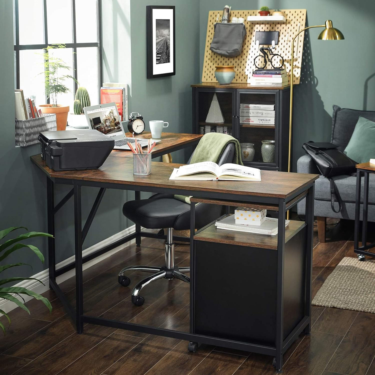 Birou de colt in forma de L, cadru din otel, 149x149x75cm, industrial, maro rustic si negru — imaginea 6