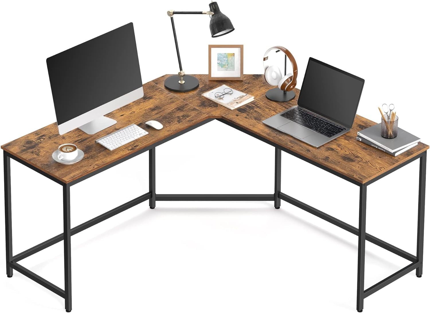 Birou de colt in forma de L, cadru din otel, 149x149x75cm, industrial, maro rustic si negru — imaginea 9