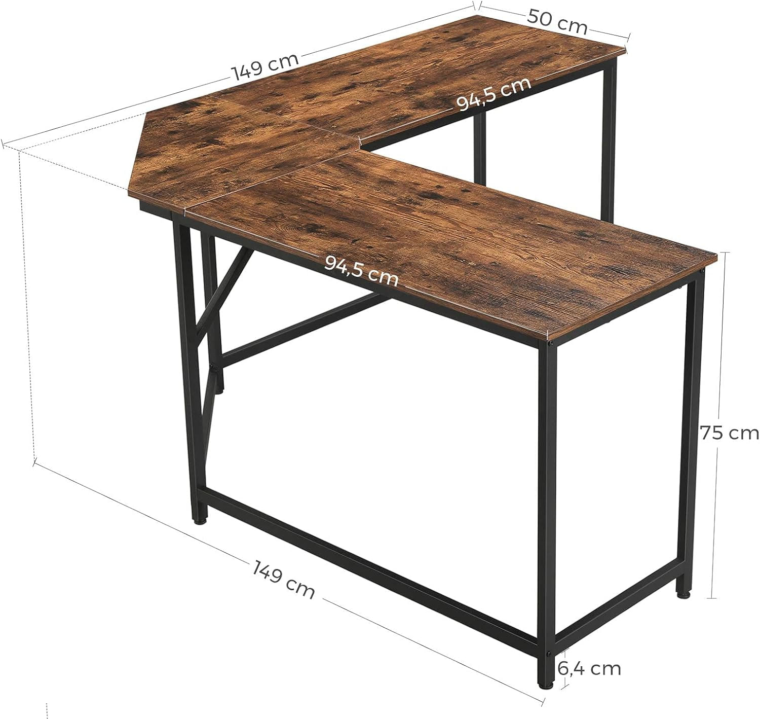 Birou de colt in forma de L, cadru din otel, 149x149x75cm, industrial, maro rustic si negru — imaginea 10