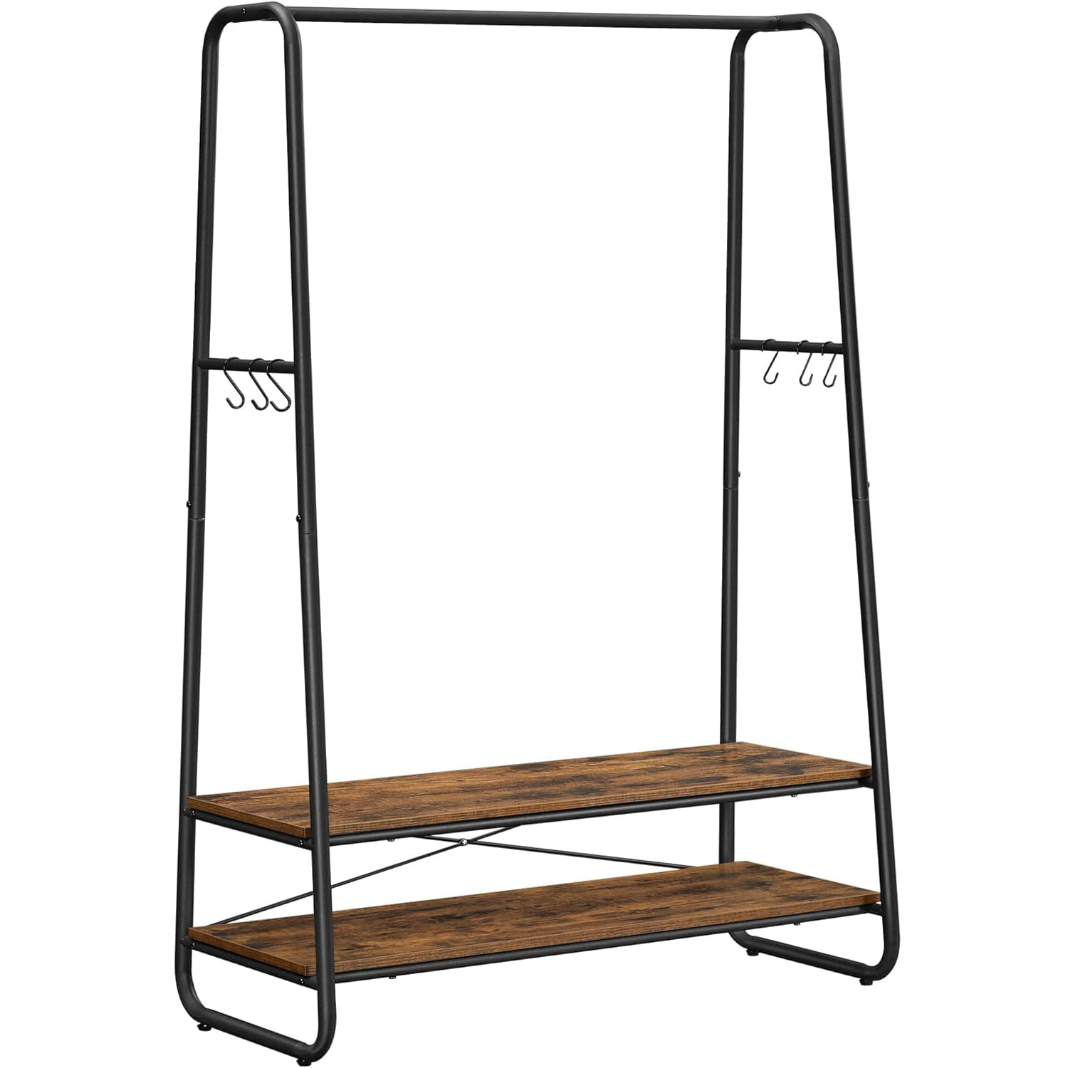 Raft pentru haine cu suport pentru pantofi, 2 polite, 6 carlige laterale, 45x100x160cm, maro rustic — imaginea 3