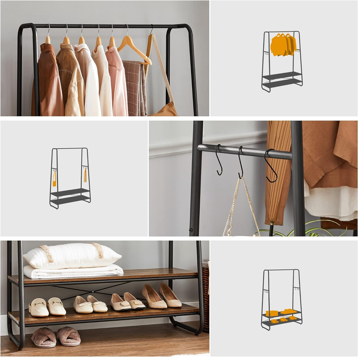 Raft pentru haine cu suport pentru pantofi, 2 polite, 6 carlige laterale, 45x100x160cm, maro rustic — imaginea 11