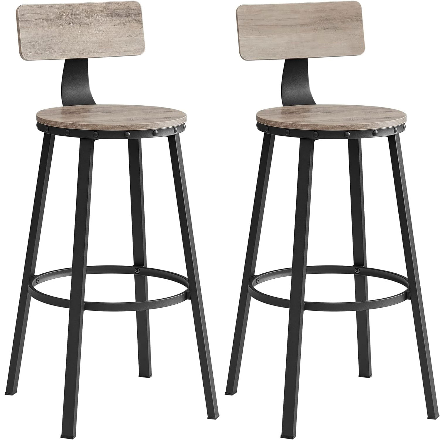 Set de 2 scaune de bar inalte cu spatar, cadru din otel, industrial, 54x99cm, gri stejar