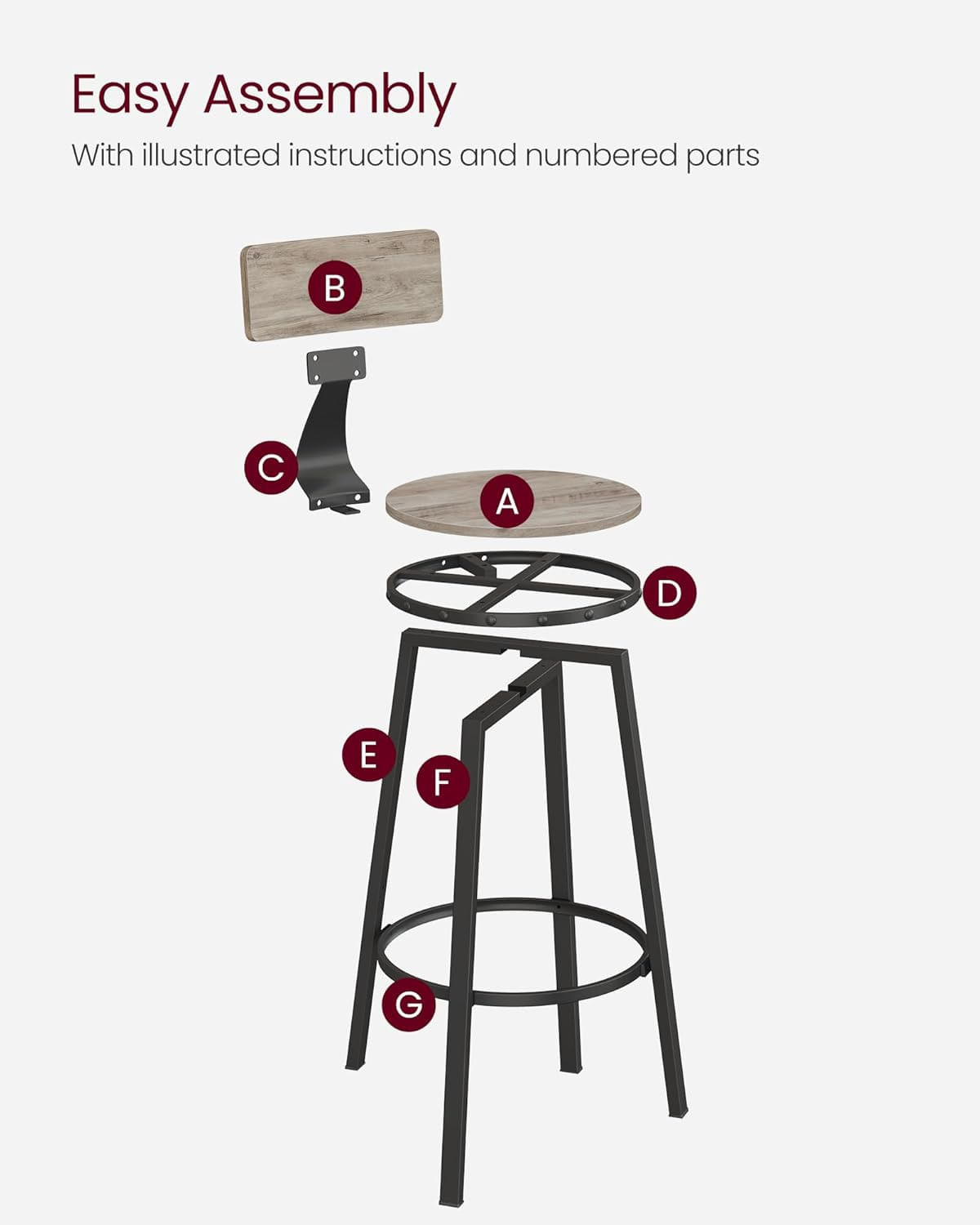 Set de 2 scaune de bar inalte cu spatar, cadru din otel, industrial, 54x99cm, gri stejar — imaginea 2