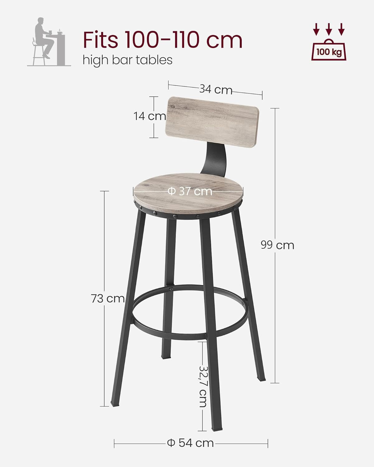 Set de 2 scaune de bar inalte cu spatar, cadru din otel, industrial, 54x99cm, gri stejar — imaginea 3