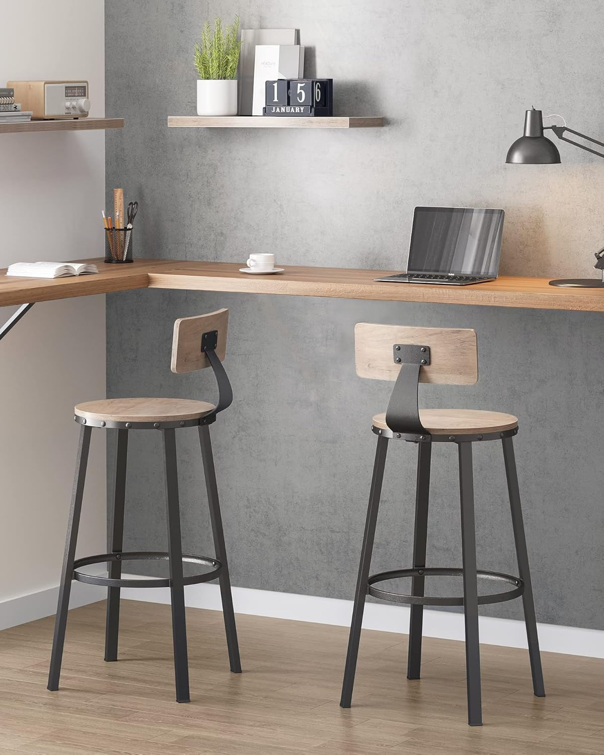 Set de 2 scaune de bar inalte cu spatar, cadru din otel, industrial, 54x99cm, gri stejar — imaginea 4