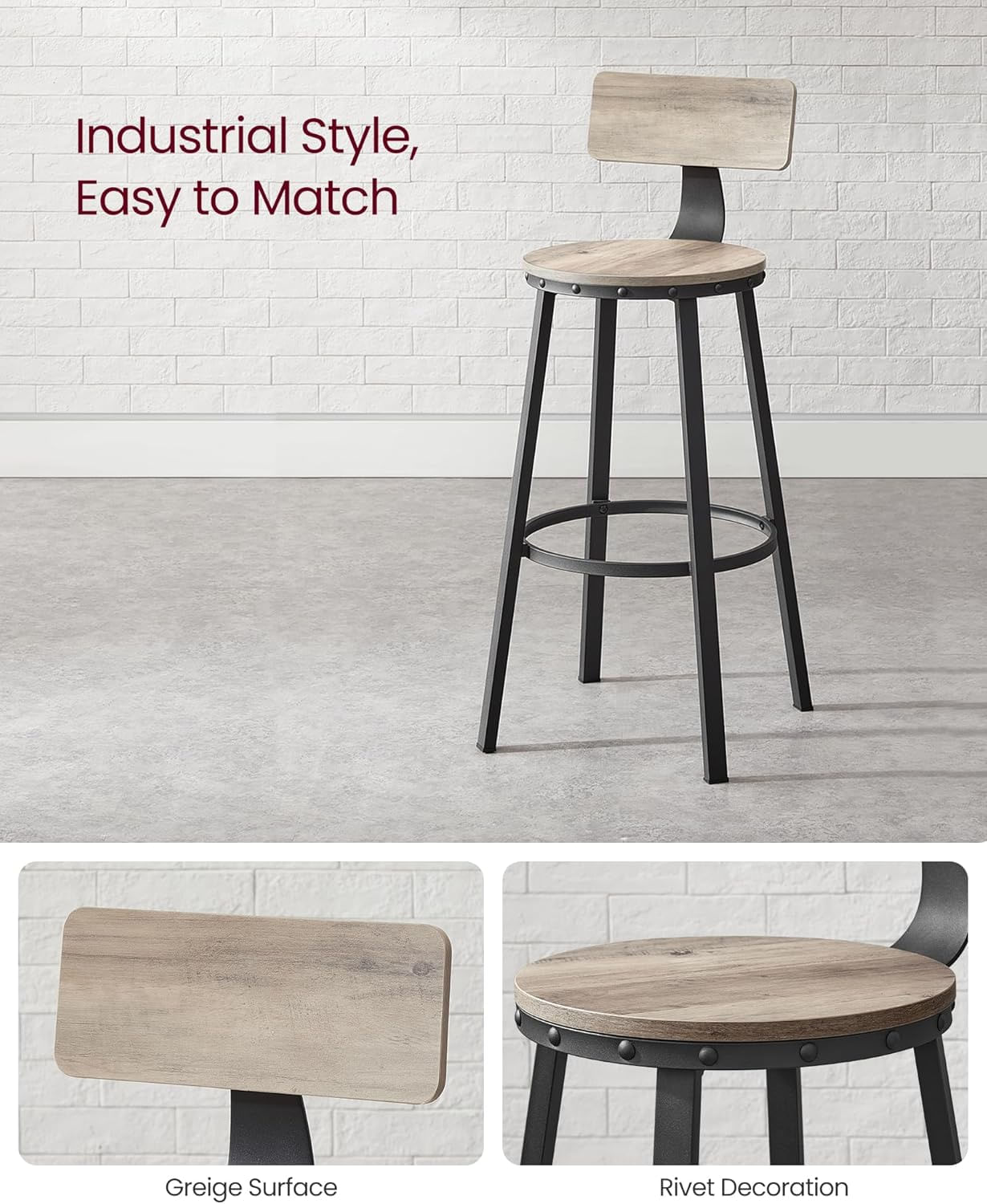 Set de 2 scaune de bar inalte cu spatar, cadru din otel, industrial, 54x99cm, gri stejar — imaginea 5