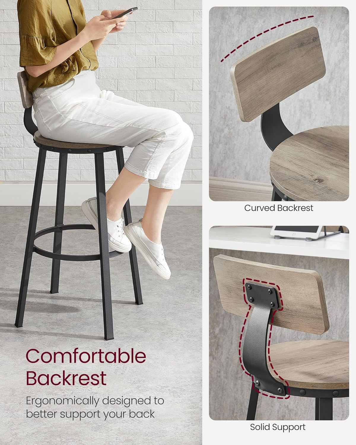Set de 2 scaune de bar inalte cu spatar, cadru din otel, industrial, 54x99cm, gri stejar — imaginea 6