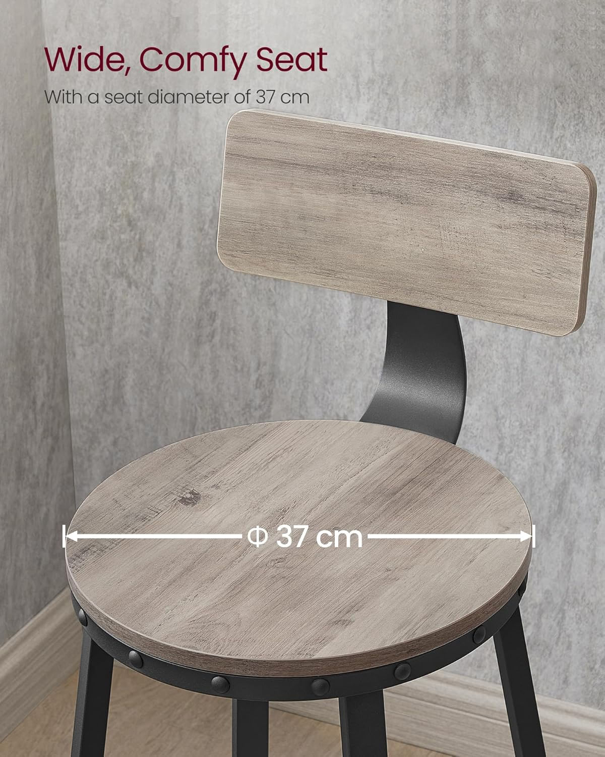 Set de 2 scaune de bar inalte cu spatar, cadru din otel, industrial, 54x99cm, gri stejar — imaginea 8