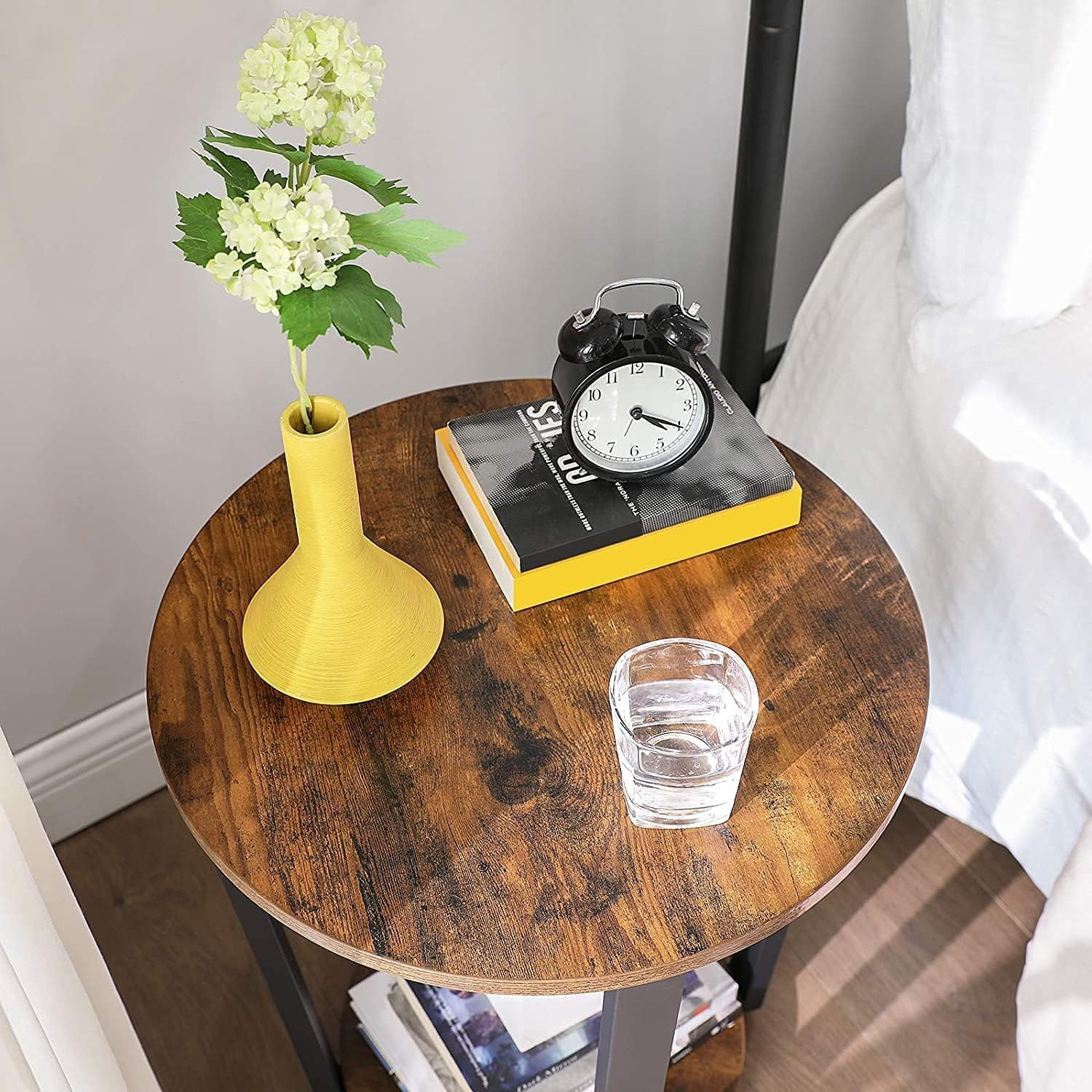 Masa de cafea rotunda cu cadru de otel, stil industrial, 50x57cm, maro rustic si negru — imaginea 7