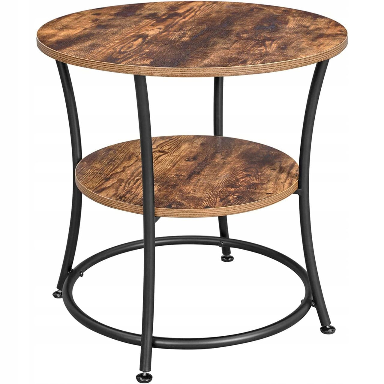 Masuta laterala rotunda, tip noptiera, cu 2 rafturi, cadru de otel, 55x55cm, maro rustic — imaginea 2