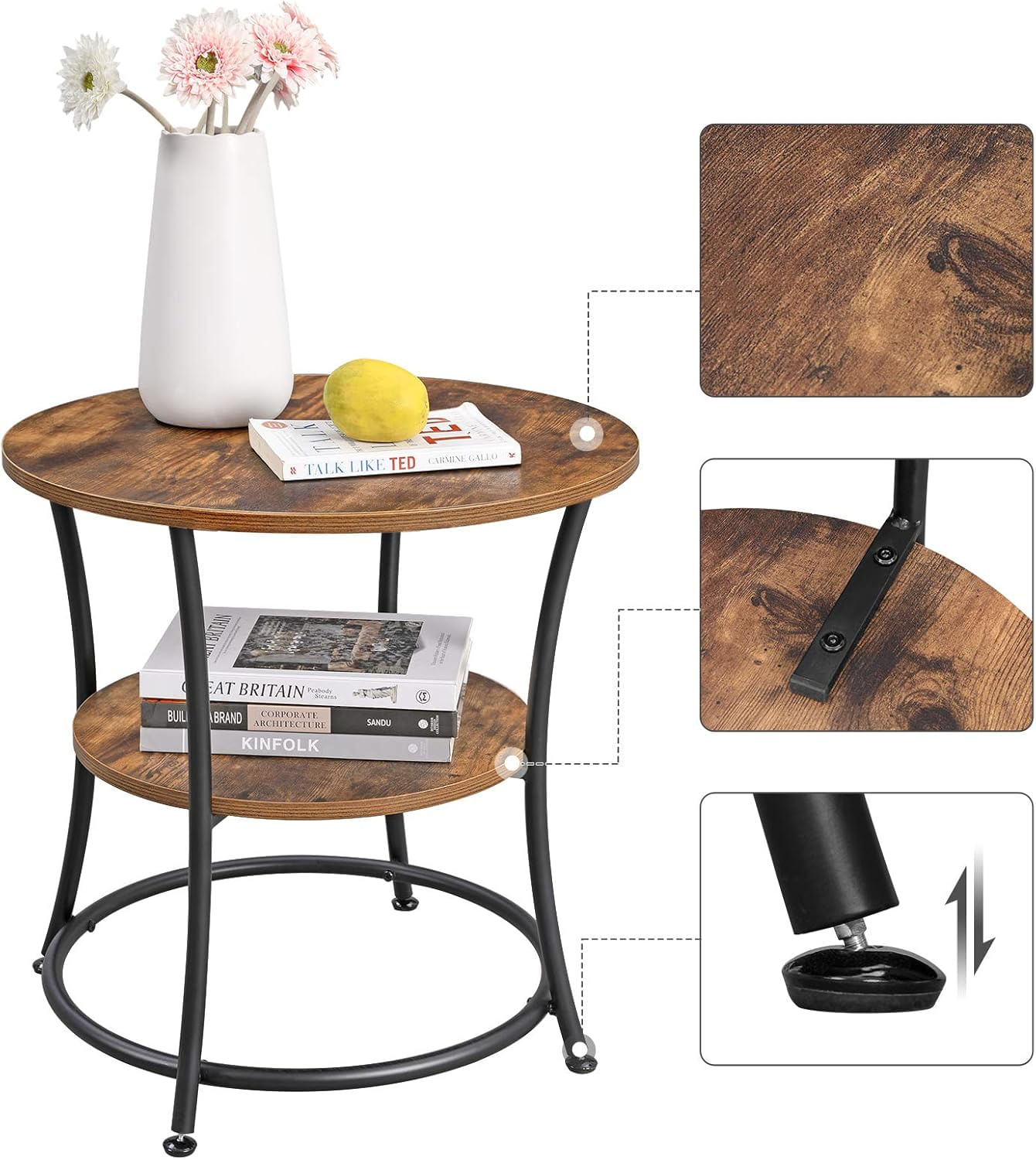 Masuta laterala rotunda, tip noptiera, cu 2 rafturi, cadru de otel, 55x55cm, maro rustic — imaginea 3