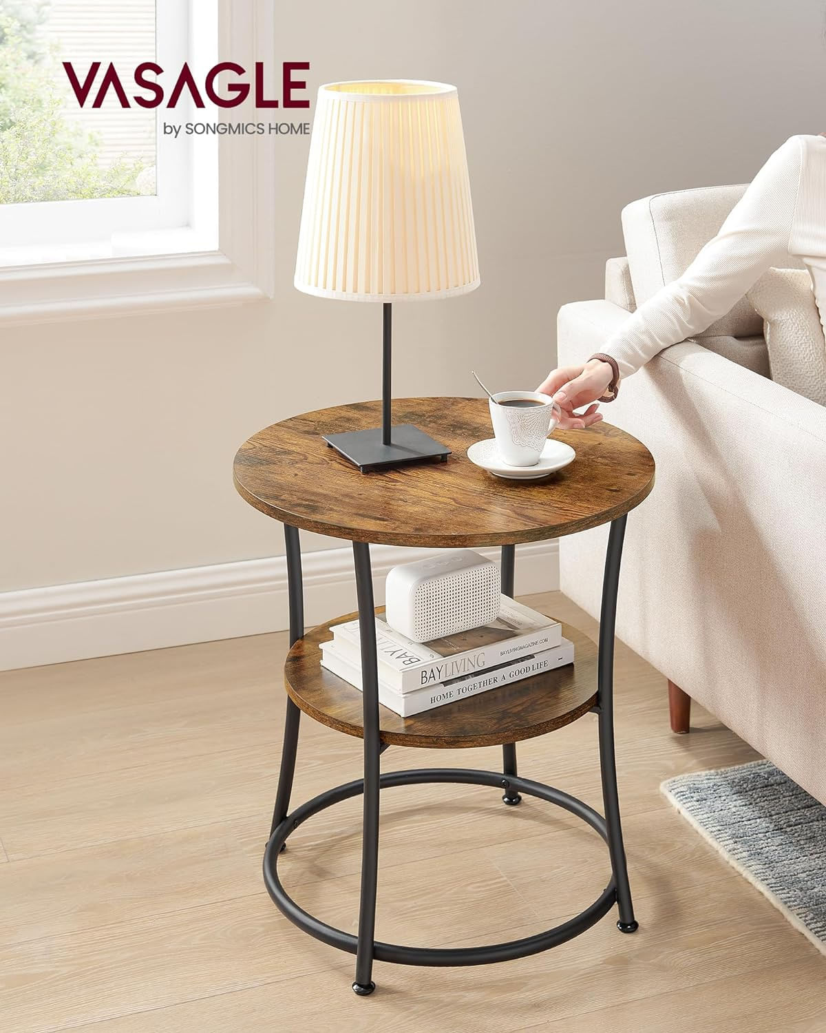 Masuta laterala rotunda, tip noptiera, cu 2 rafturi, cadru de otel, 55x55cm, maro rustic — imaginea 4