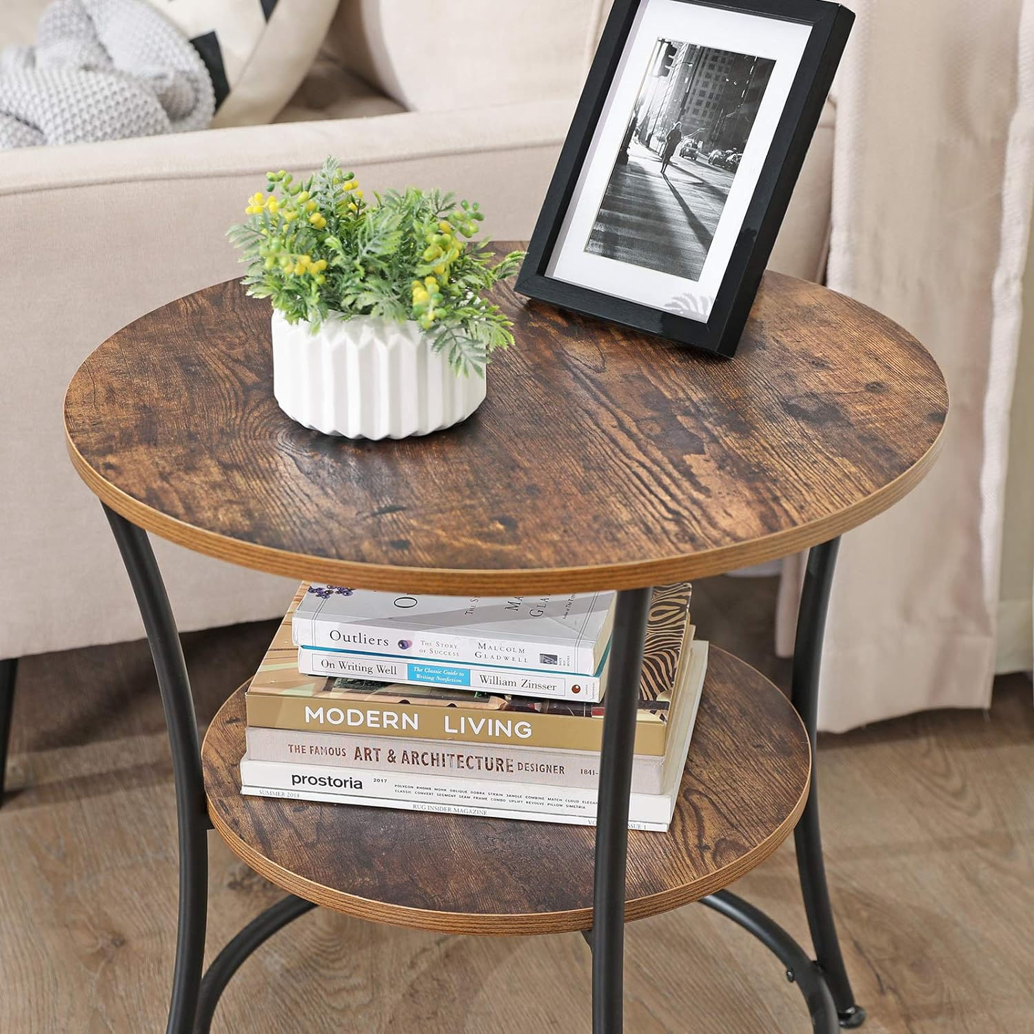 Masuta laterala rotunda, tip noptiera, cu 2 rafturi, cadru de otel, 55x55cm, maro rustic — imaginea 5