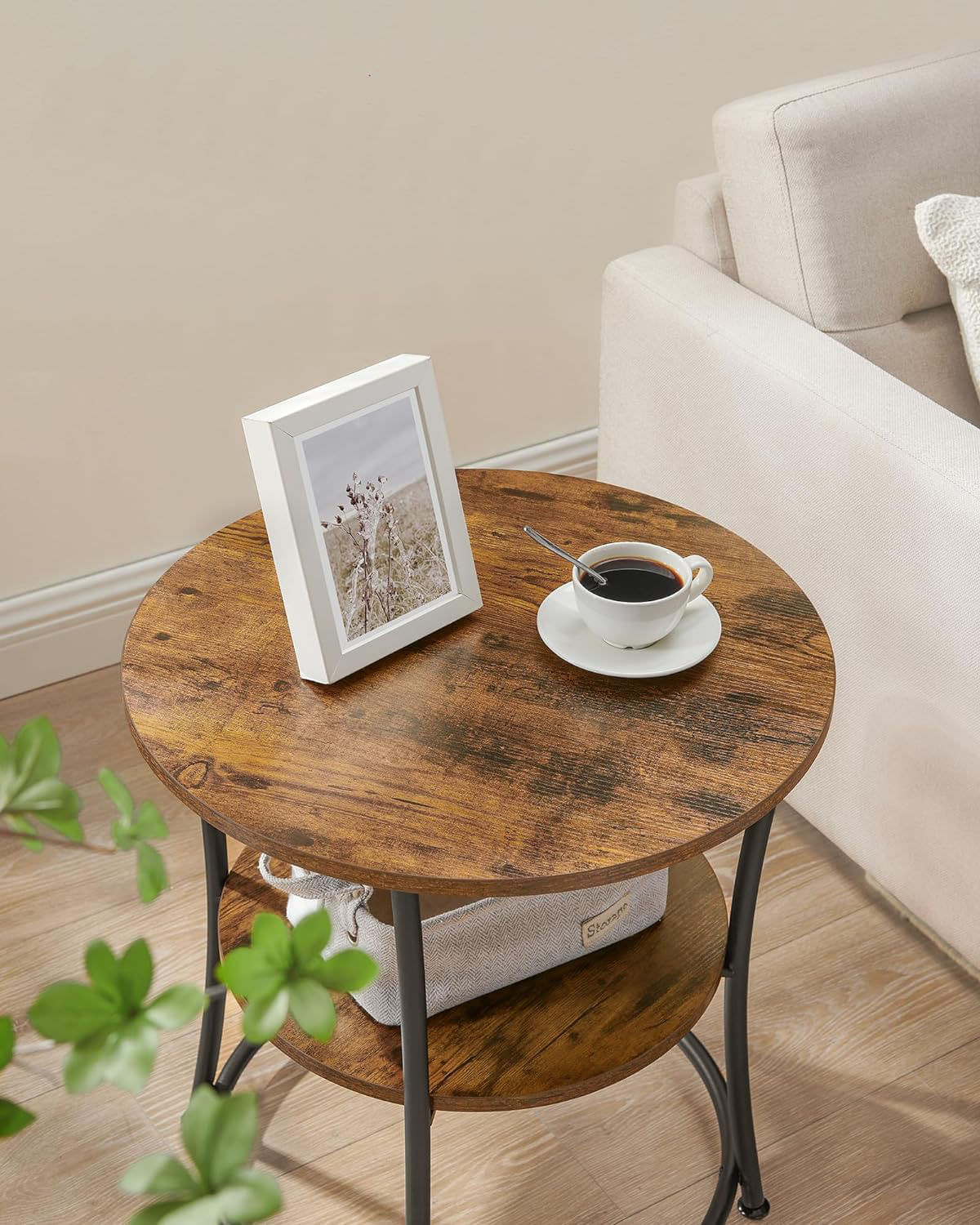 Masuta laterala rotunda, tip noptiera, cu 2 rafturi, cadru de otel, 55x55cm, maro rustic — imaginea 6