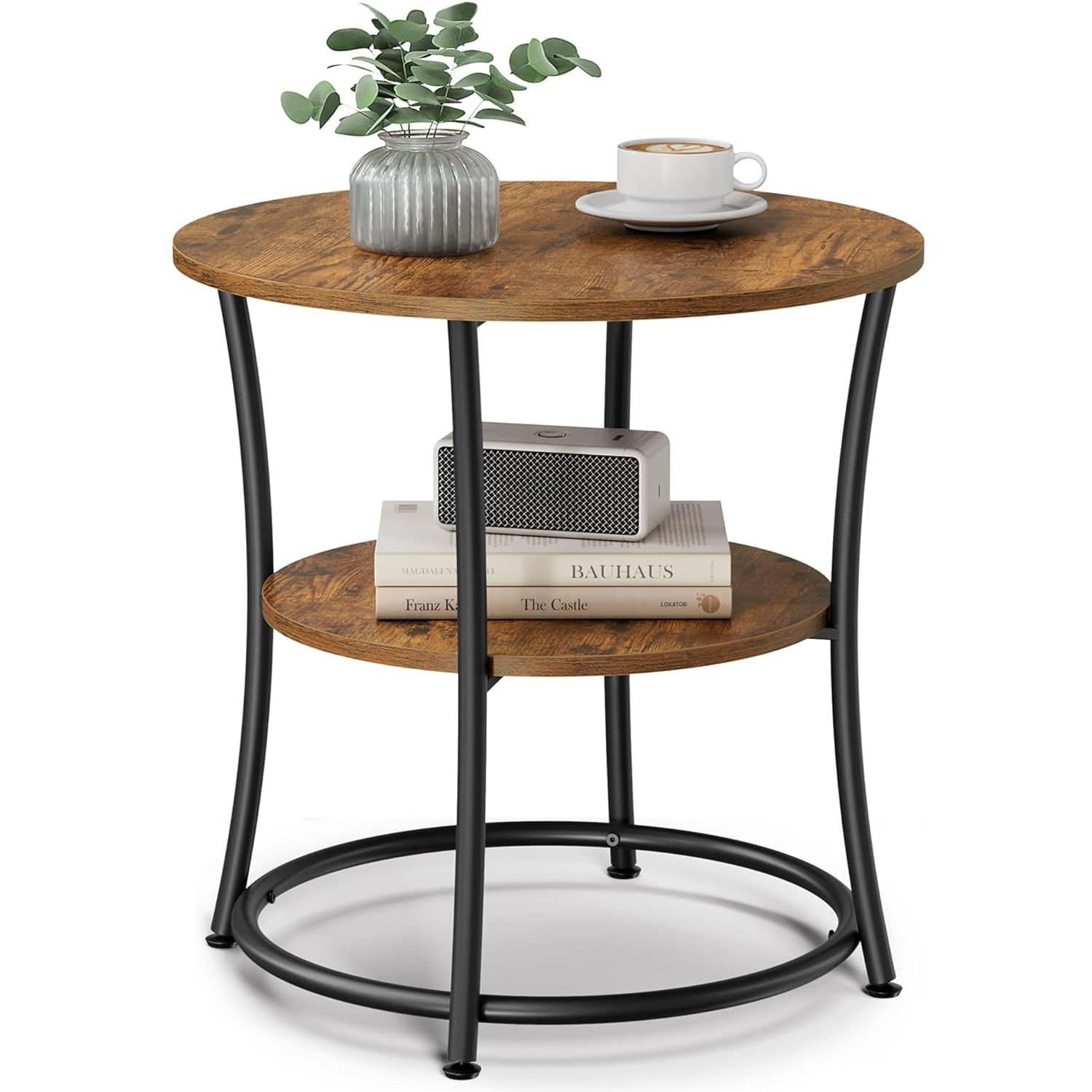 Masuta laterala rotunda, tip noptiera, cu 2 rafturi, cadru de otel, 55x55cm, maro rustic — imaginea 8
