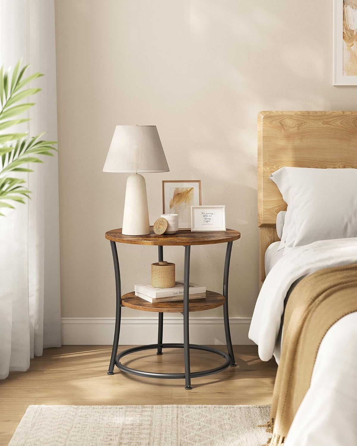 Masuta laterala rotunda, tip noptiera, cu 2 rafturi, cadru de otel, 55x55cm, maro rustic — imaginea 11