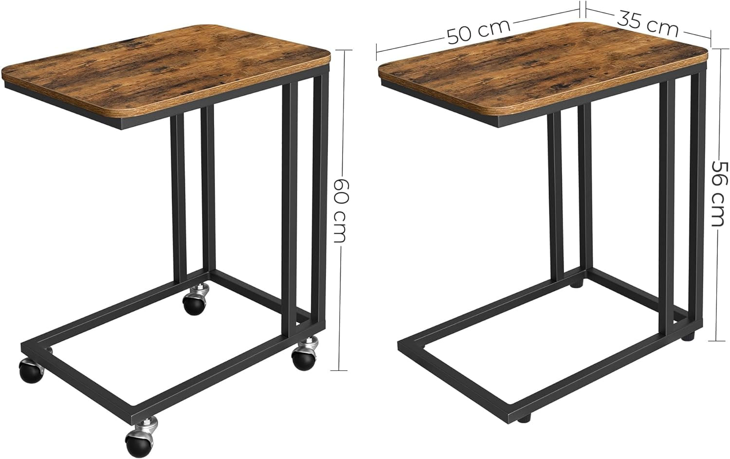 Masuta de cafea, cu cadru de otel si roti, 35x50x60cm, industrial, maro rustic si negru — imaginea 4