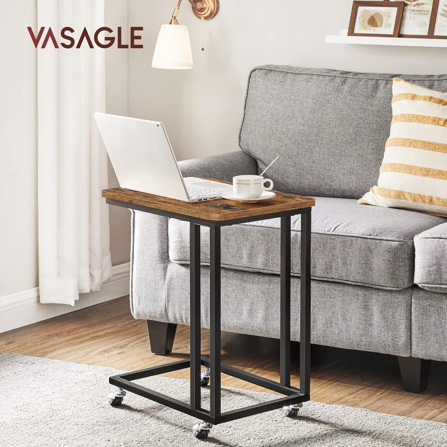 Masuta de cafea, cu cadru de otel si roti, 35x50x60cm, industrial, maro rustic si negru — imaginea 8