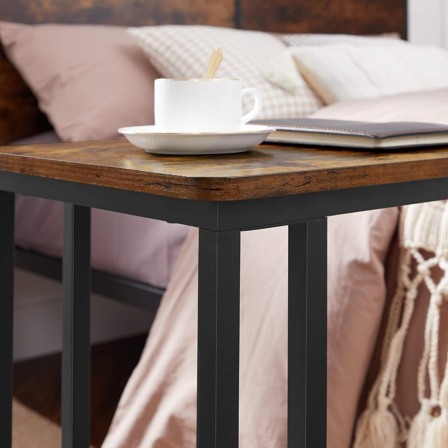 Masuta de cafea, cu cadru de otel si roti, 35x50x60cm, industrial, maro rustic si negru — imaginea 9