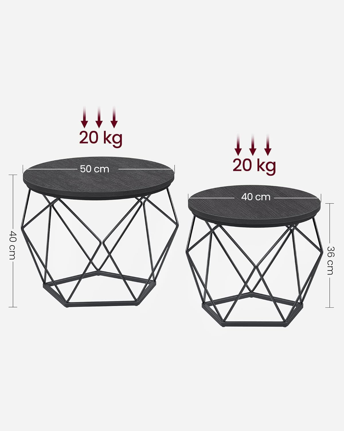 Set de 2 mese de cafea, stil industrial, 50x40cm si 40x36cm, negru — imaginea 7