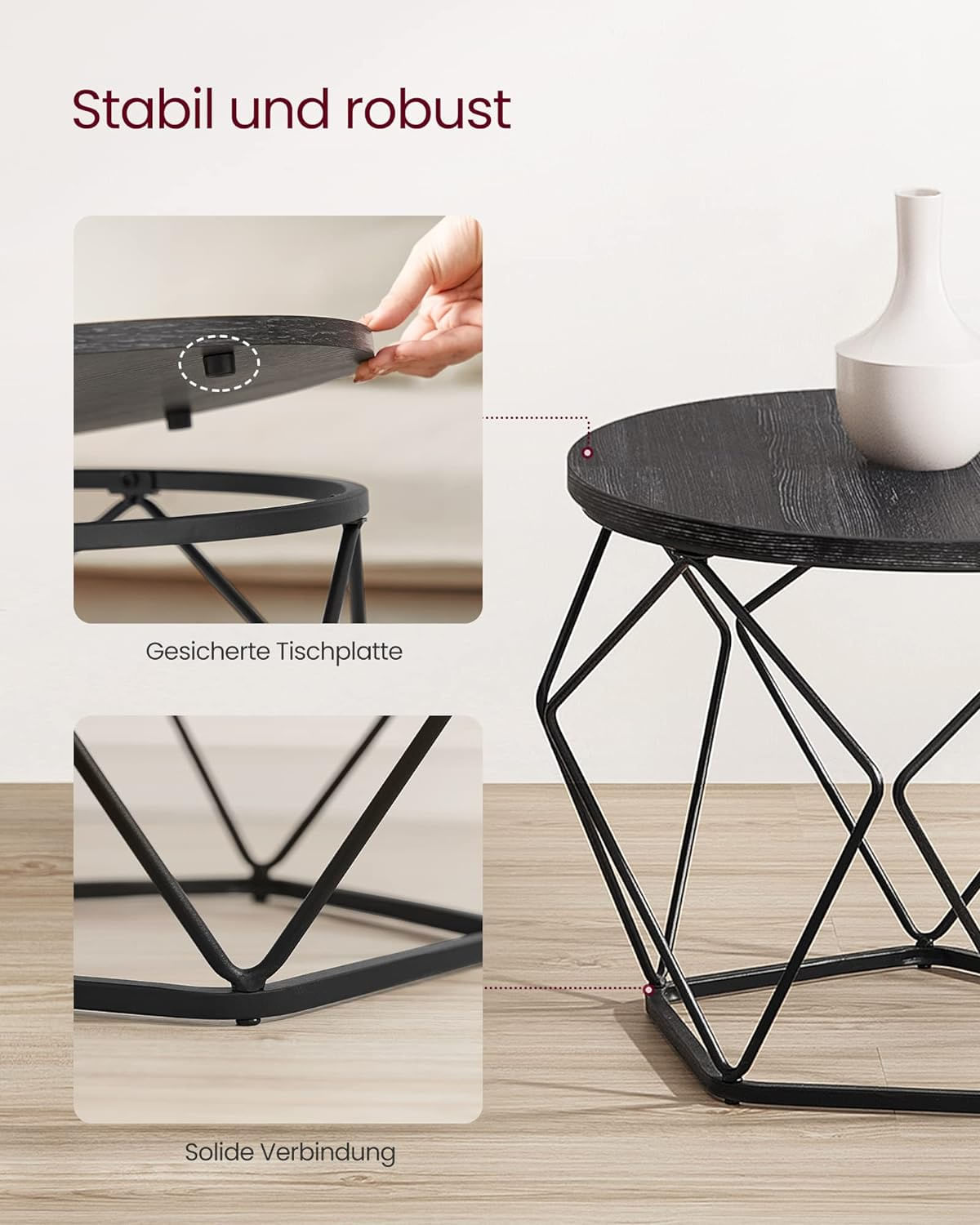 Set de 2 mese de cafea, stil industrial, 50x40cm si 40x36cm, negru — imaginea 11