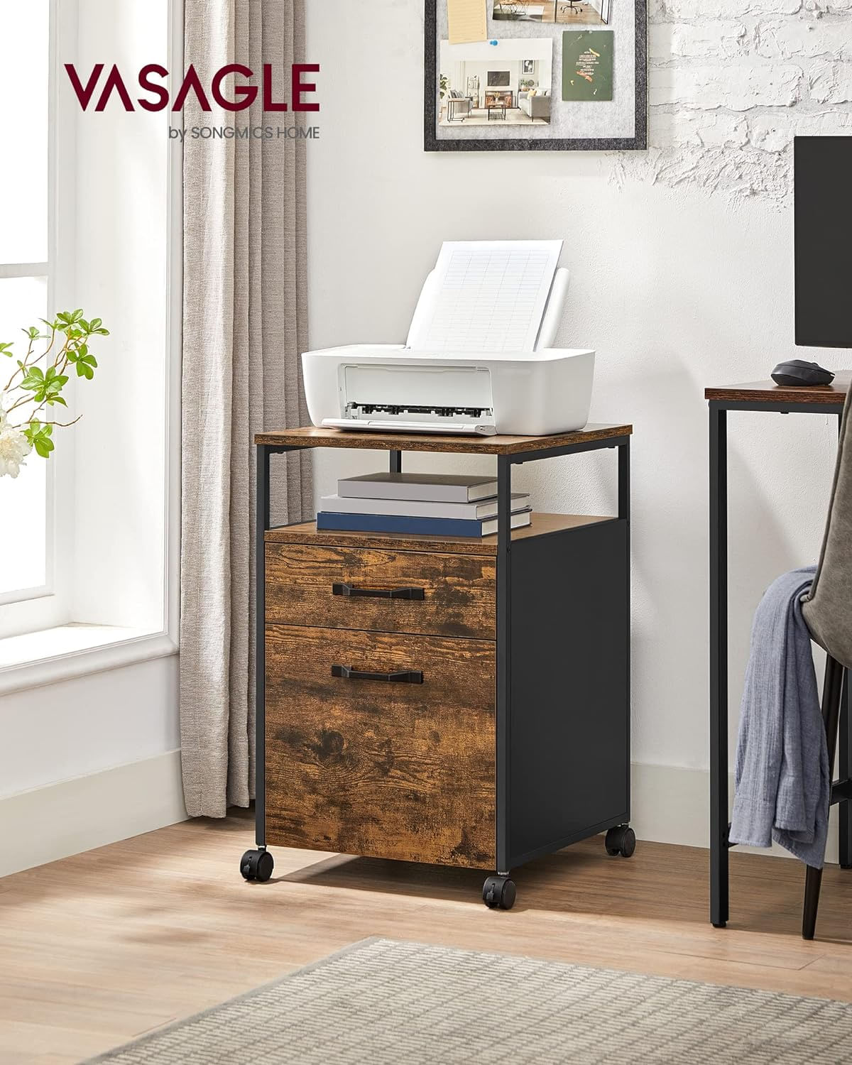 Dulap mobil tip rollbox pentru birouri, cu 2 sertare, stil industrial, 44x42x67cm, maro rustic — imaginea 2