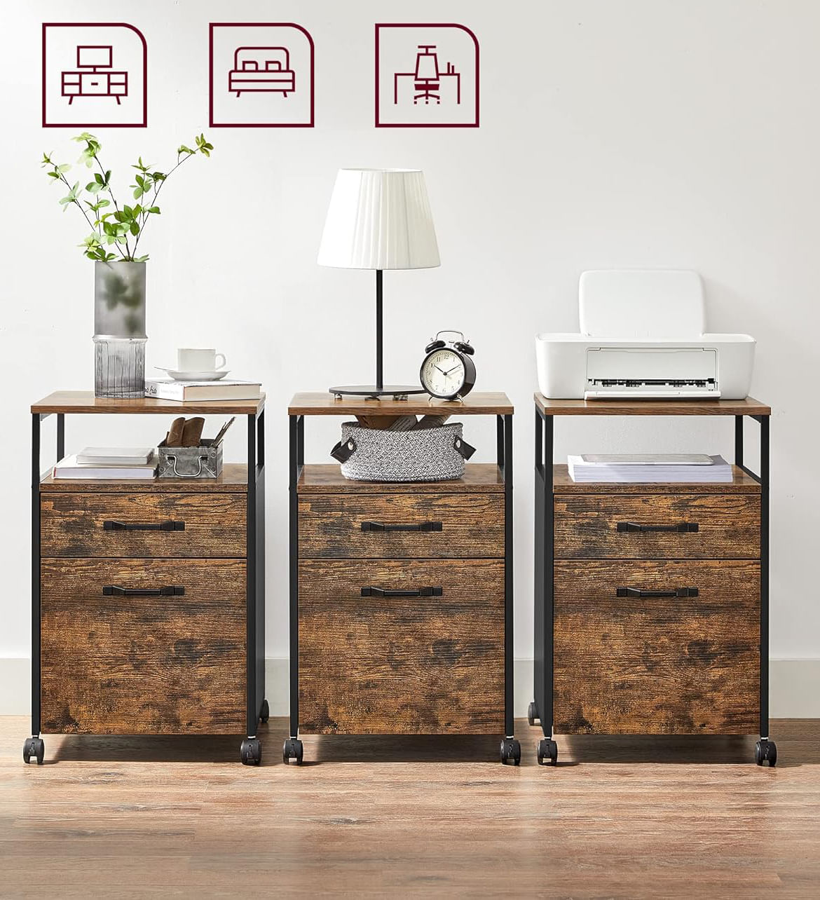 Dulap mobil tip rollbox pentru birouri, cu 2 sertare, stil industrial, 44x42x67cm, maro rustic — imaginea 4