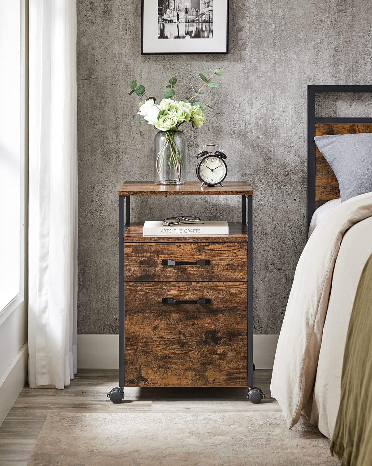 Dulap mobil tip rollbox pentru birouri, cu 2 sertare, stil industrial, 44x42x67cm, maro rustic — imaginea 5