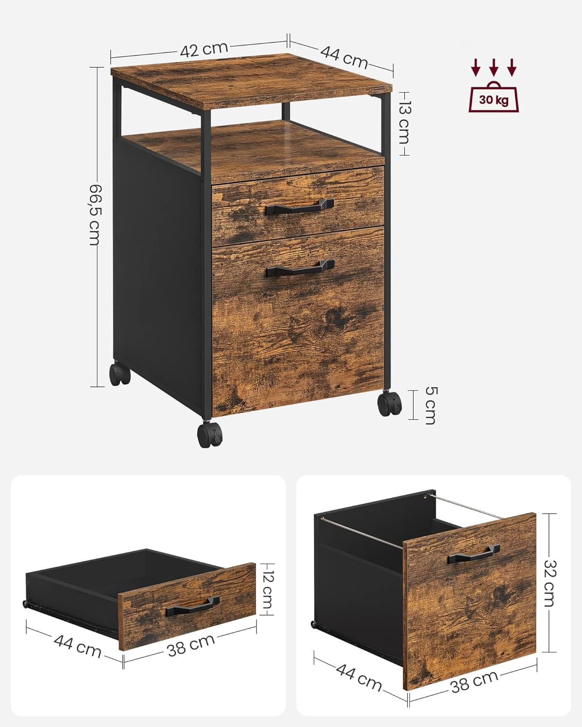 Dulap mobil tip rollbox pentru birouri, cu 2 sertare, stil industrial, 44x42x67cm, maro rustic — imaginea 8