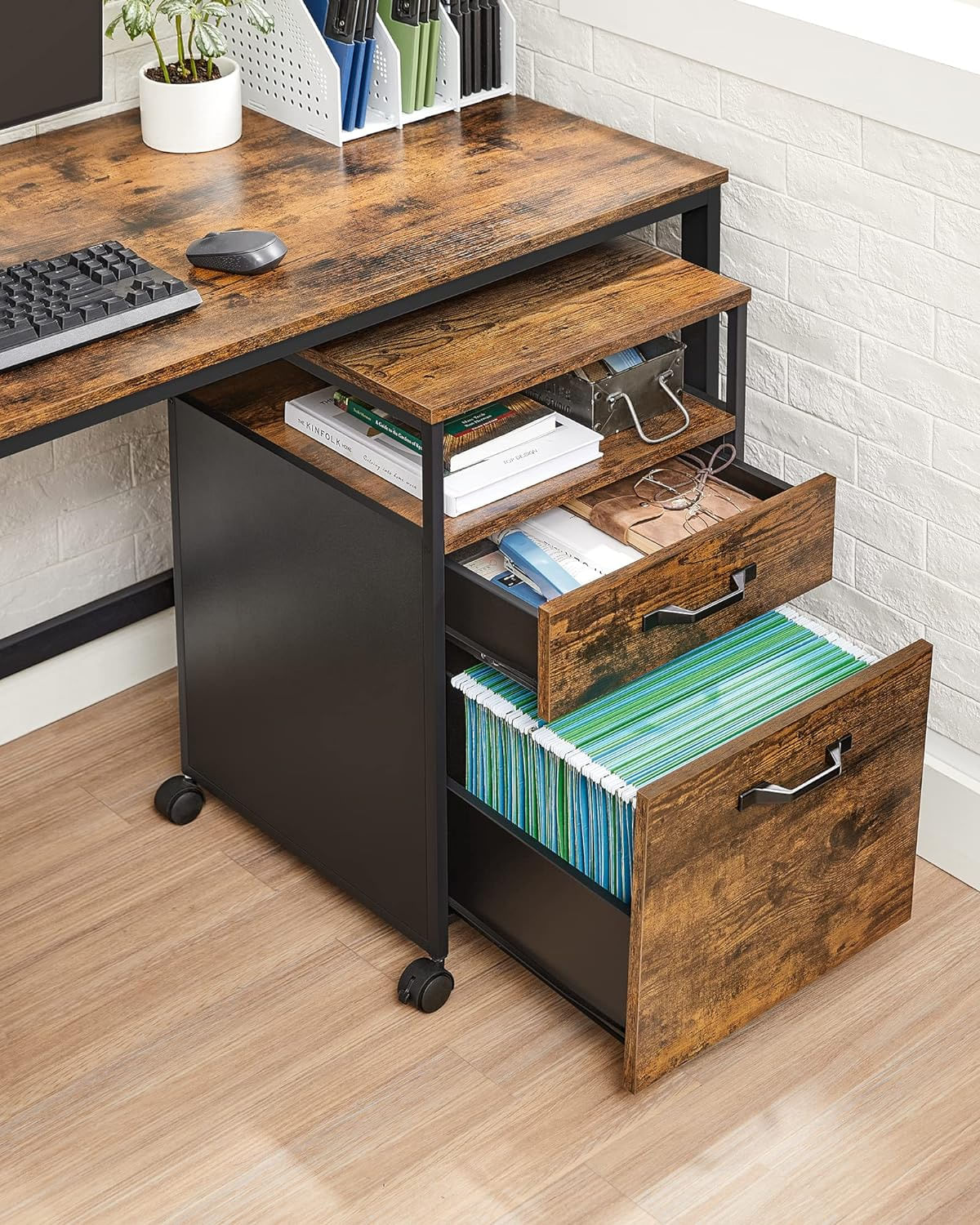 Dulap mobil tip rollbox pentru birouri, cu 2 sertare, stil industrial, 44x42x67cm, maro rustic — imaginea 9