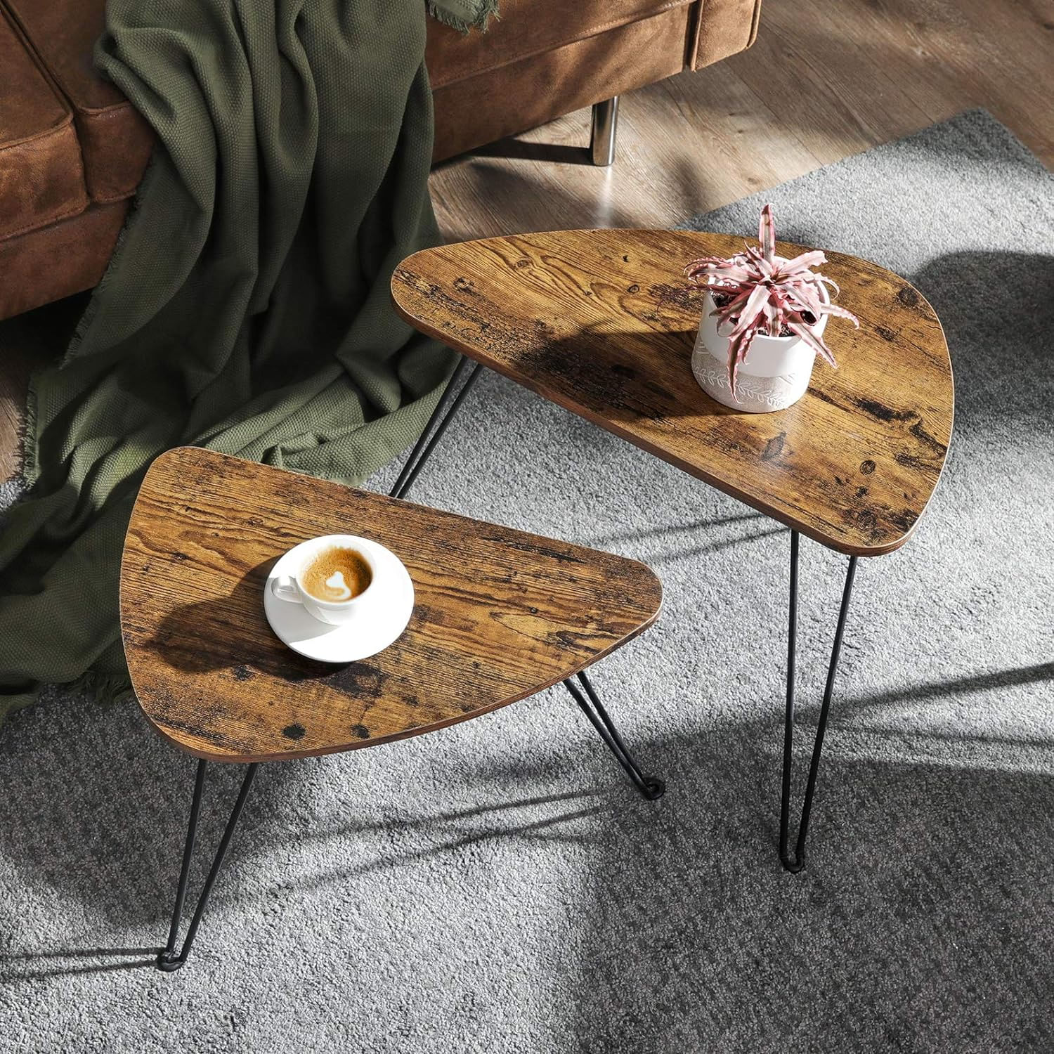 Set de 2 mese de cafea, stil industrial, 60x38x48cm si 52x32x43cm, maro rustic si negru — imaginea 5