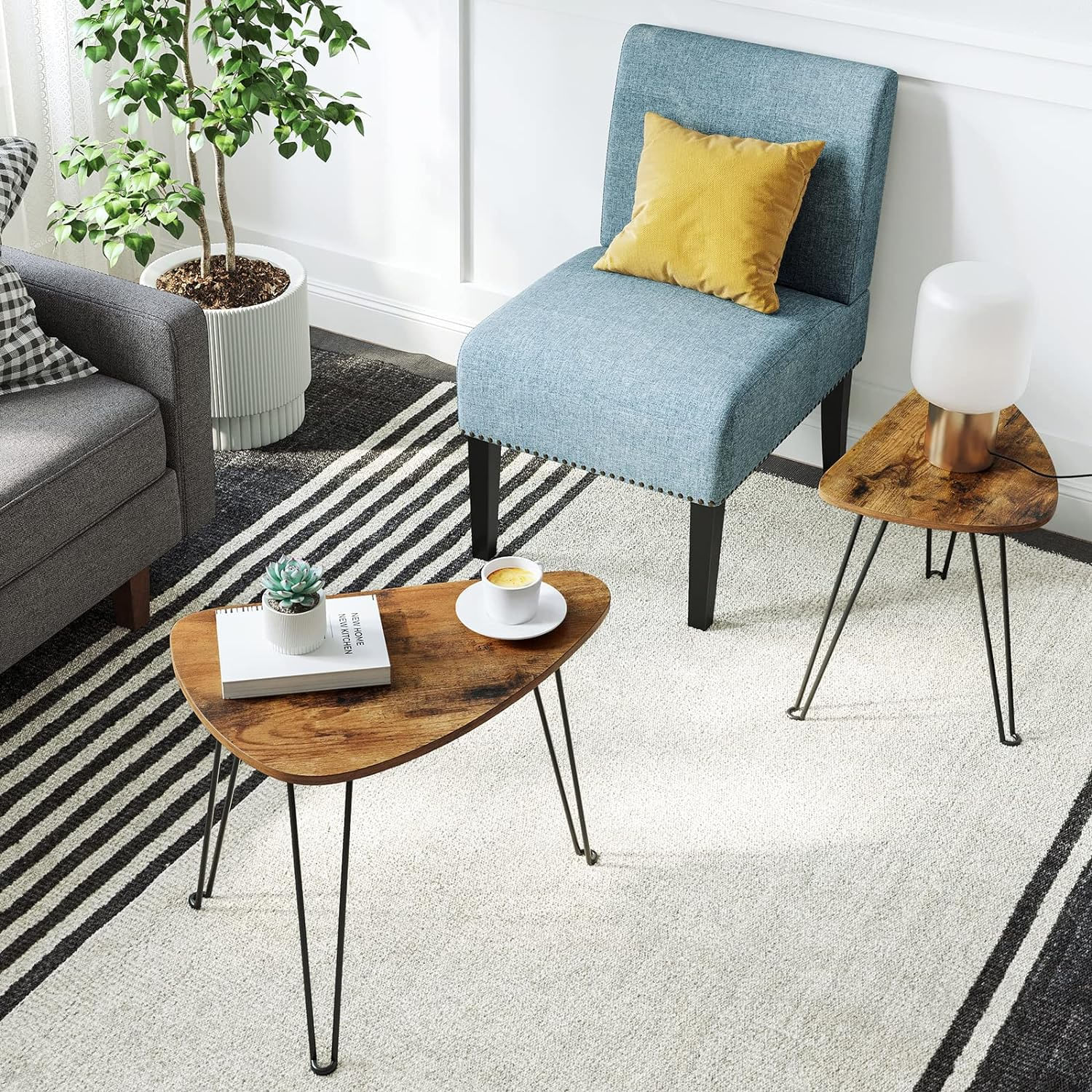 Set de 2 mese de cafea, stil industrial, 60x38x48cm si 52x32x43cm, maro rustic si negru — imaginea 6