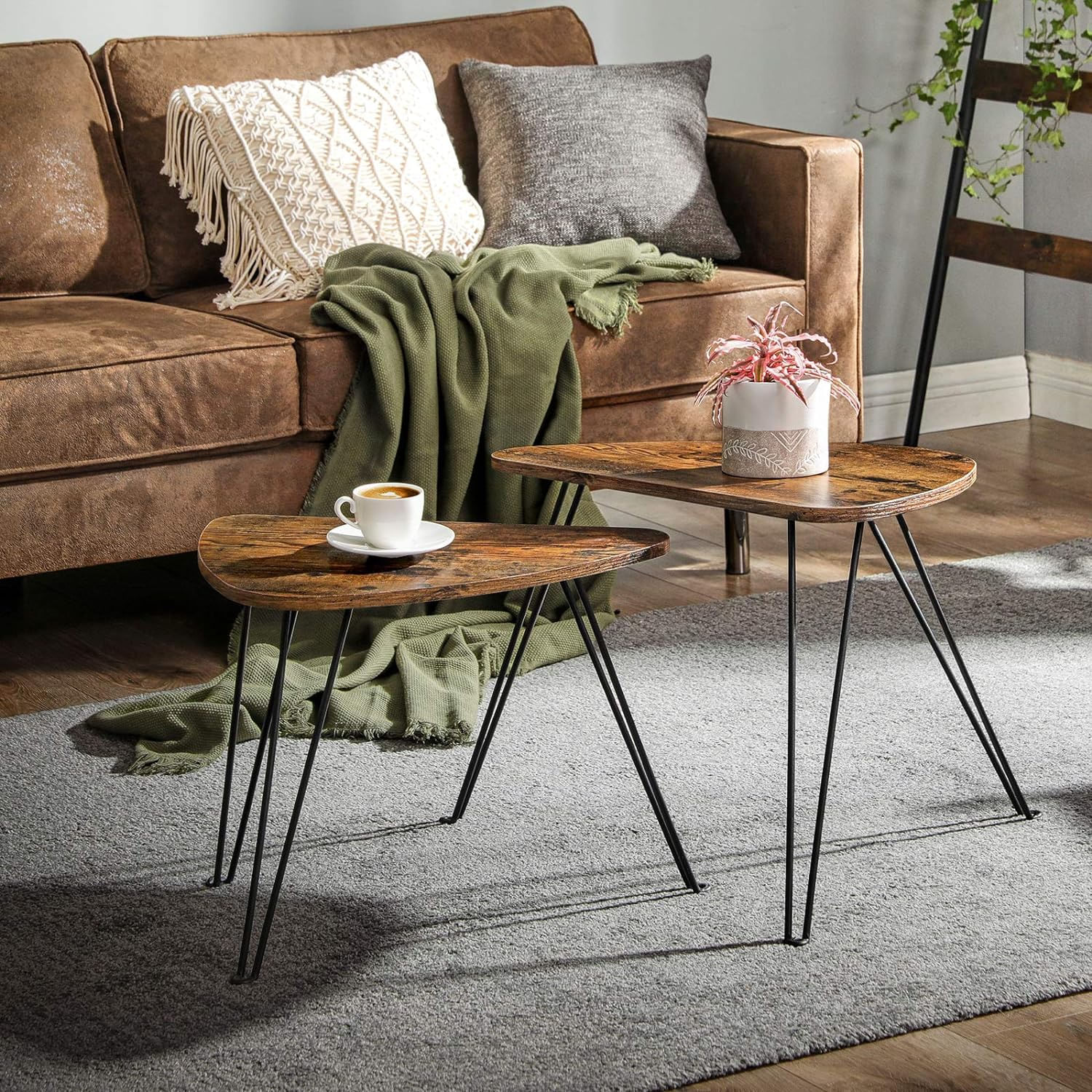 Set de 2 mese de cafea, stil industrial, 60x38x48cm si 52x32x43cm, maro rustic si negru — imaginea 7
