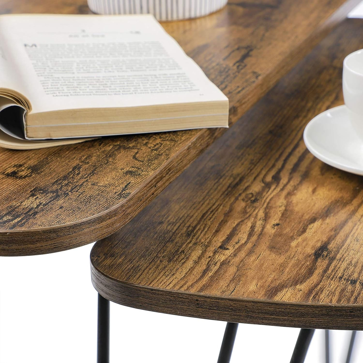 Set de 2 mese de cafea, stil industrial, 60x38x48cm si 52x32x43cm, maro rustic si negru — imaginea 8