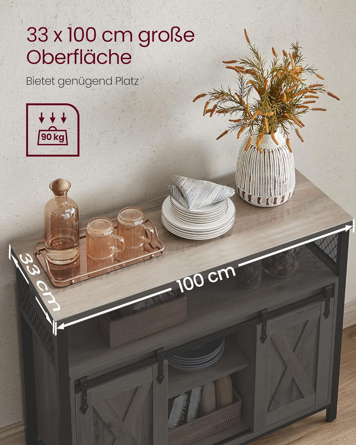 Comoda pentru living sau bucatarie, cu 2 usi glisante, rafturi reglabile, stil rustic, 33x100x80cm, gri — imaginea 3