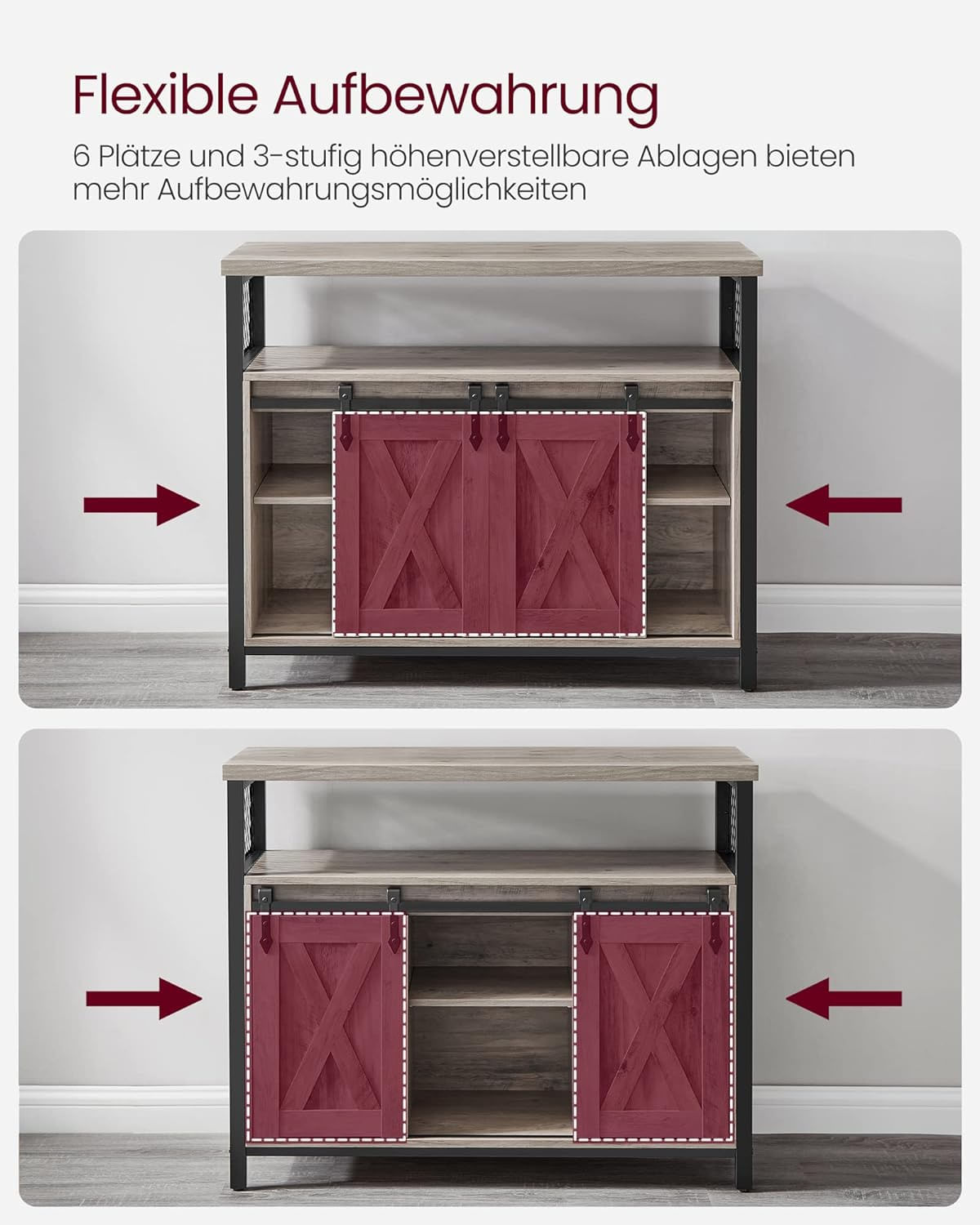 Comoda pentru living sau bucatarie, cu 2 usi glisante, rafturi reglabile, stil rustic, 33x100x80cm, gri — imaginea 5