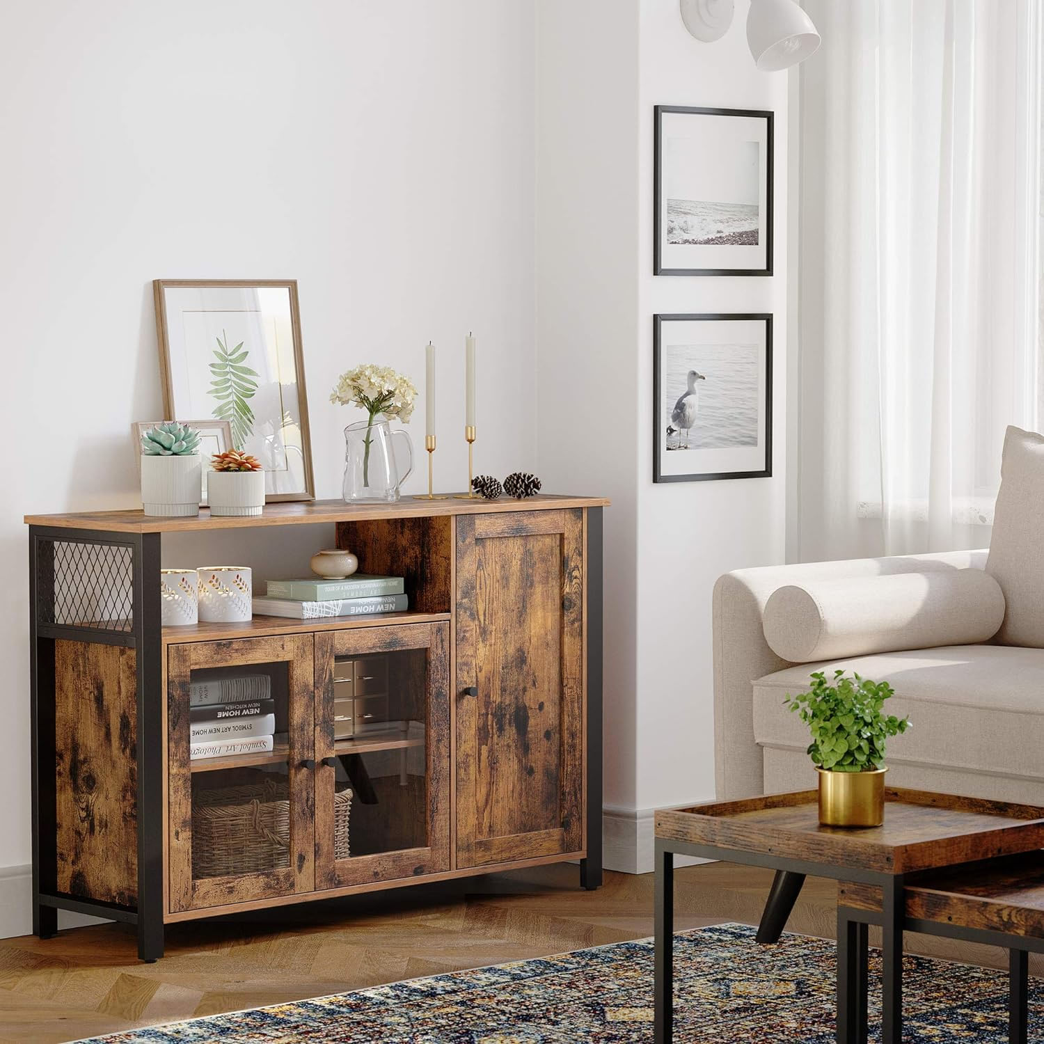 Dulap de depozitare tip bufet, cu 3 usi, stil industrial, 110x33x75cm, maro rustic si negru — imaginea 5