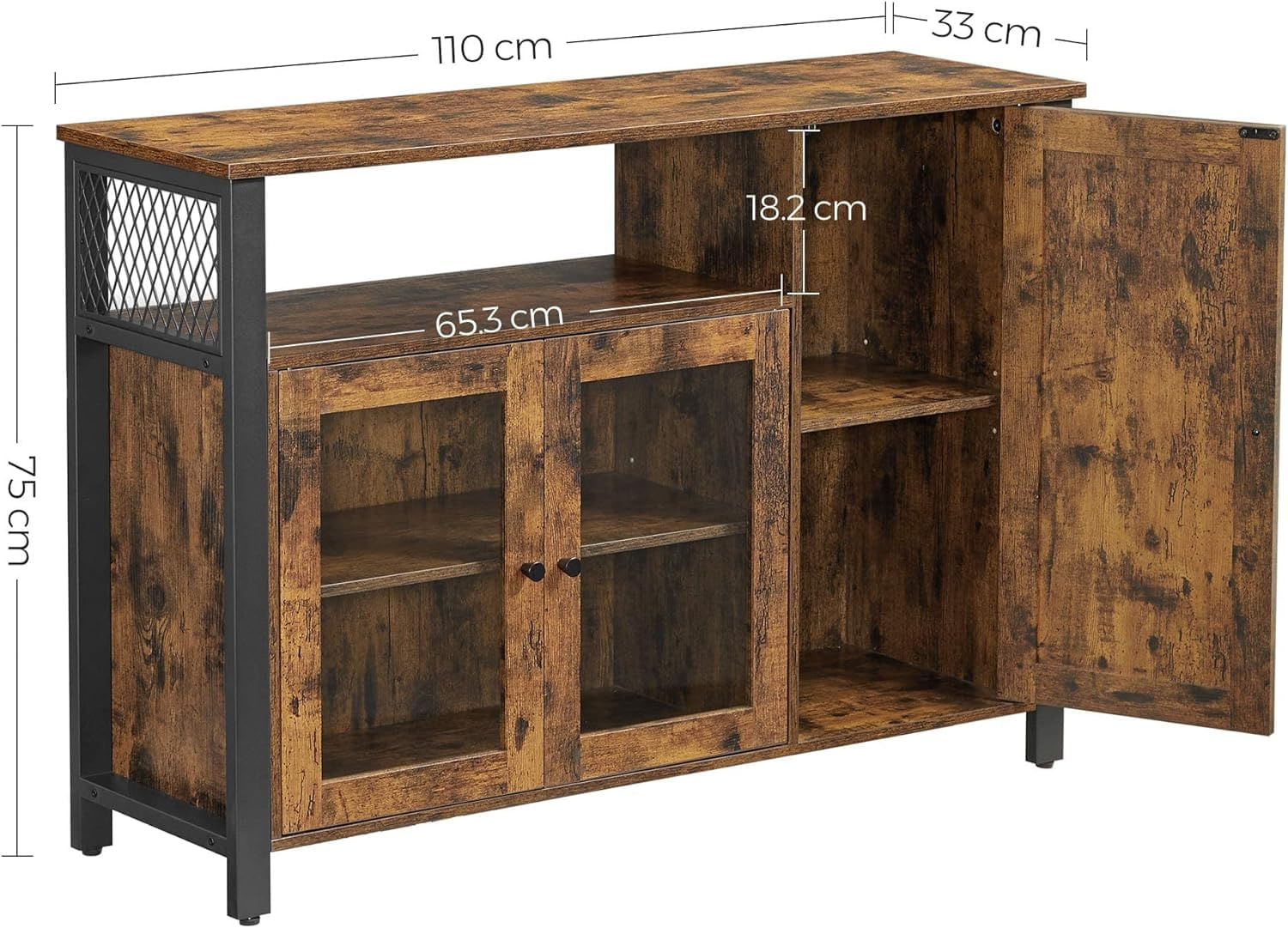Dulap de depozitare tip bufet, cu 3 usi, stil industrial, 110x33x75cm, maro rustic si negru — imaginea 8
