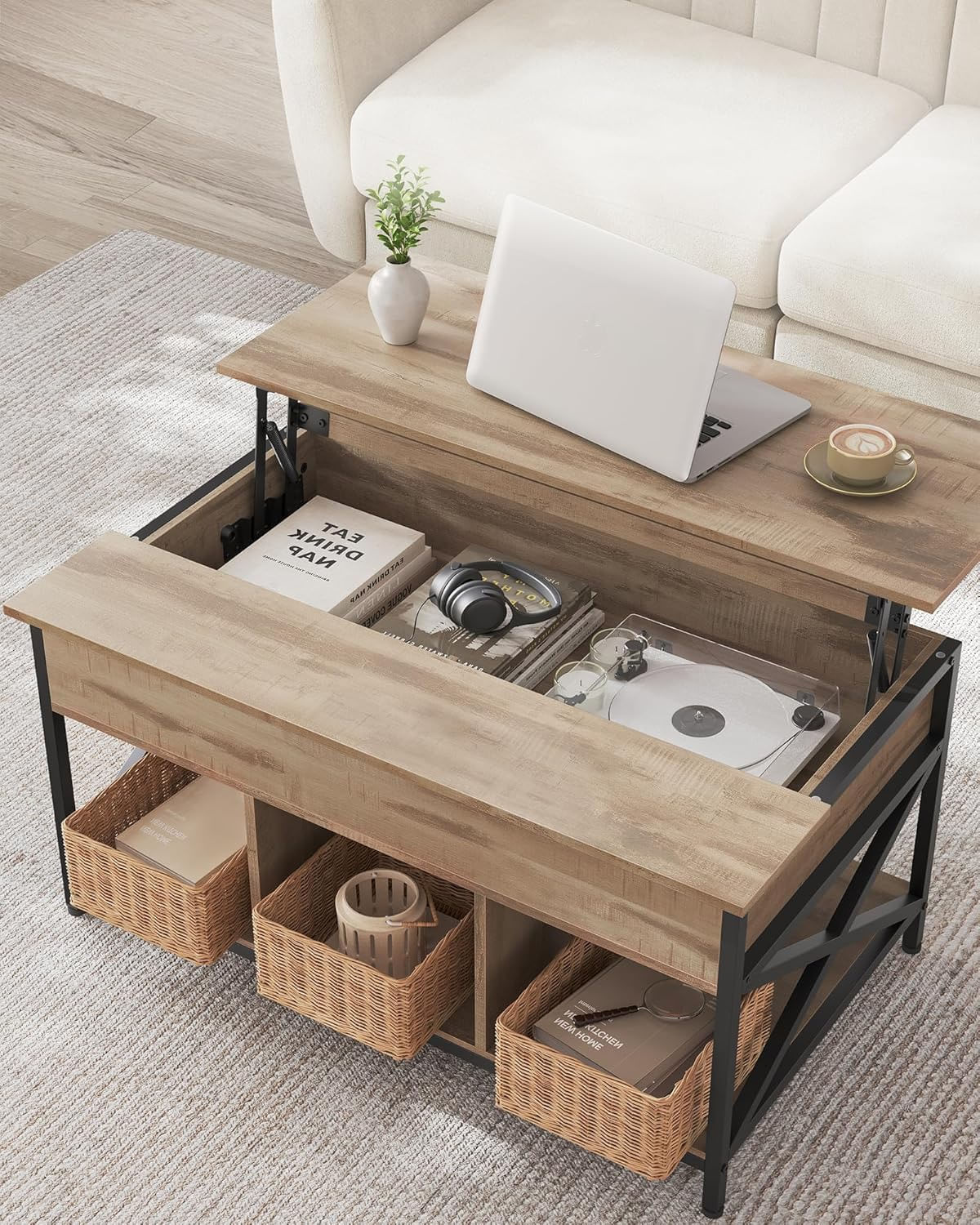 Masa de cafea cu inaltime reglabila, spatiu de depozitare ascuns, 60x100x(48-62) cm, gri stejar — imaginea 5