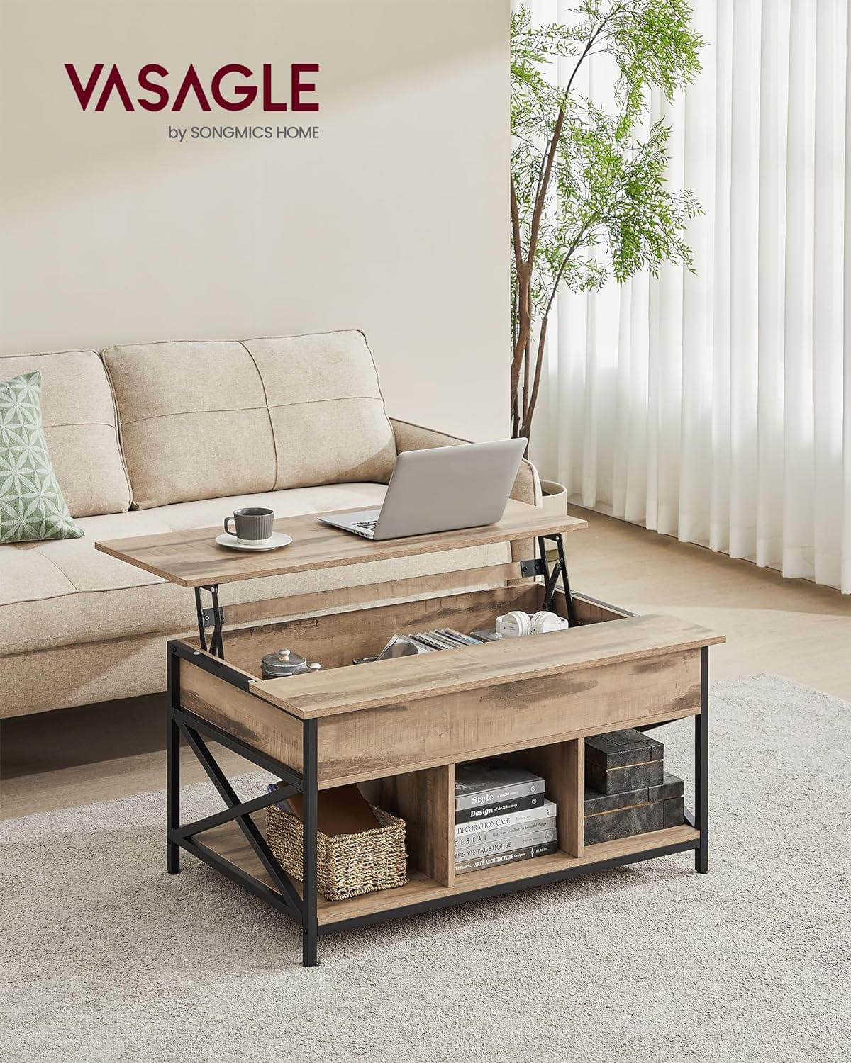 Masa de cafea cu inaltime reglabila, spatiu de depozitare ascuns, 60x100x(48-62) cm, gri stejar — imaginea 6