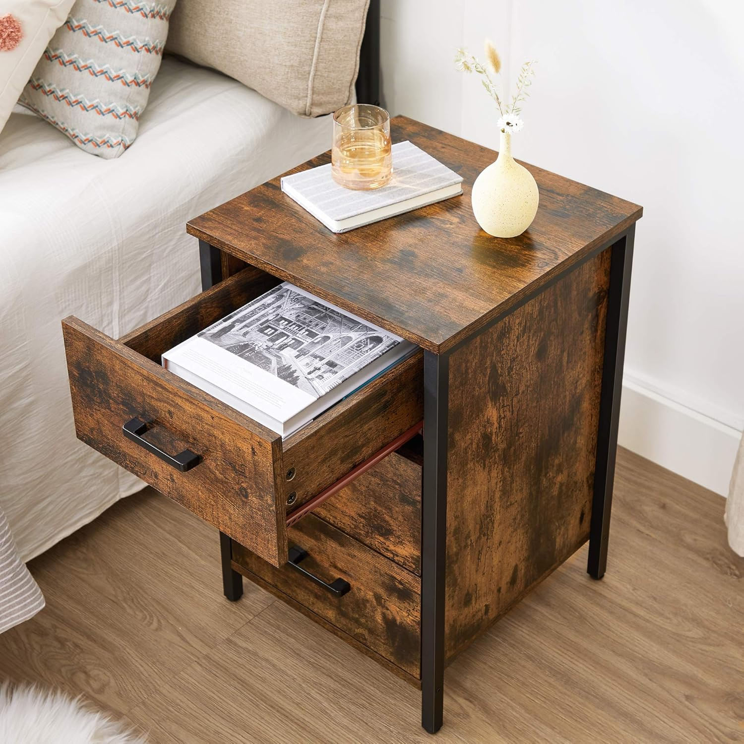 Noptiera cu 3 sertare pentru dormitor, design industrial, 40x40x60cm, maro rustic — imaginea 2