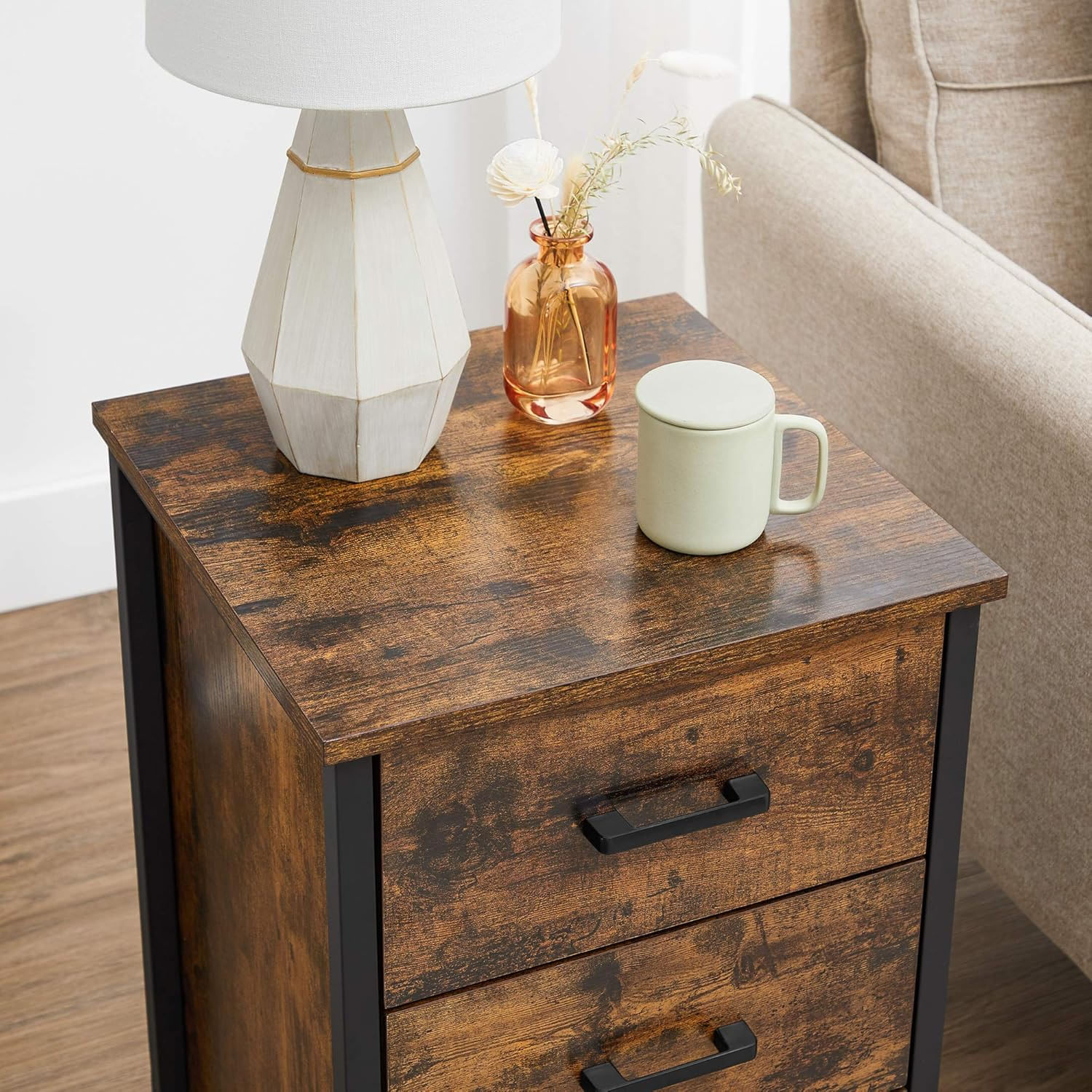 Noptiera cu 3 sertare pentru dormitor, design industrial, 40x40x60cm, maro rustic — imaginea 4